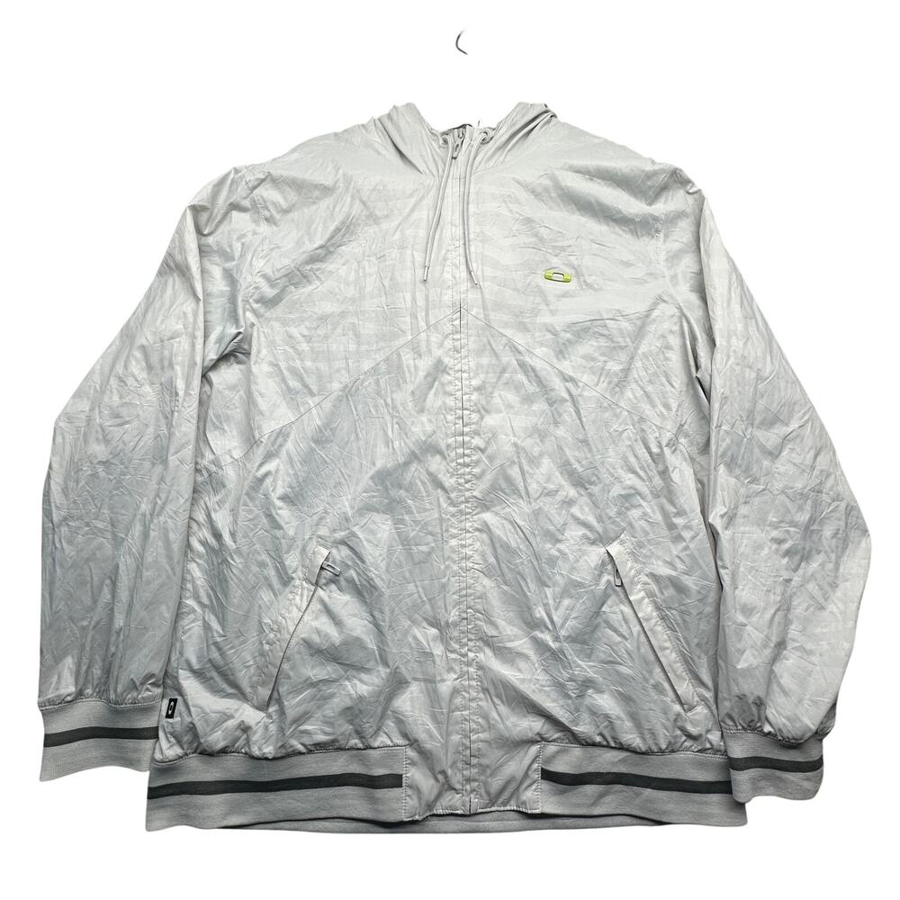 2010 Oakley Silver Dove Hooded Windbreaker Jacket Mens XXL Green Logo Zip 411377